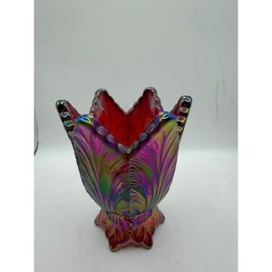 Fenton Red Carnival Glass Leaf Tulip Votive Holder Iridescent Handmade USA